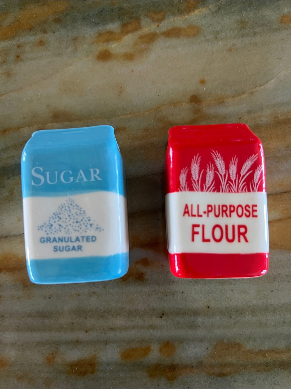Red Flour & Blue Sugar Ceramic Salt and Pepper Shakers